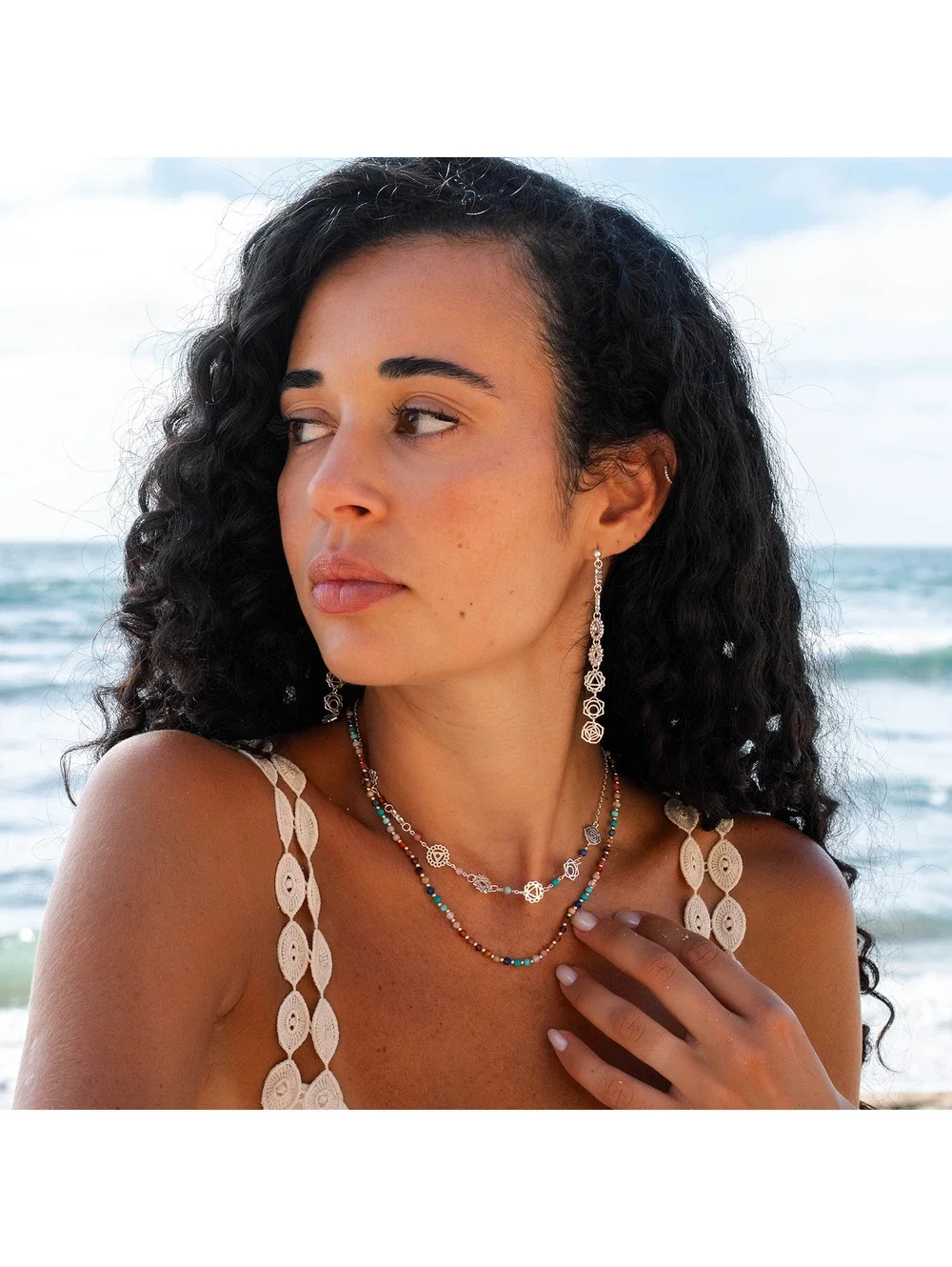 Lotus and luna, Silver Seven Chakras Healing Necklace